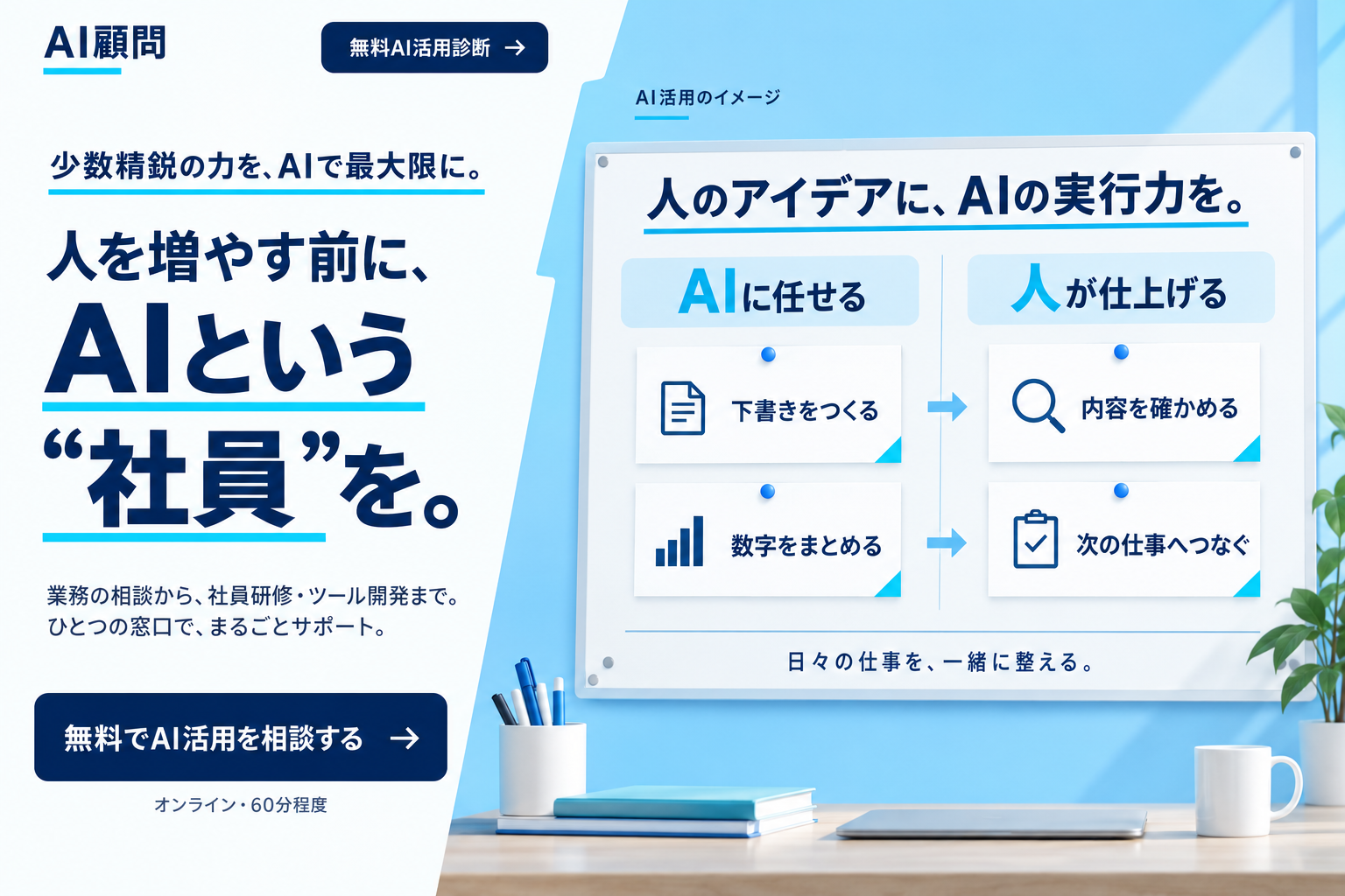 少数精鋭の力を、AIで最大限に。業務の相談から、社員研修・ツール開発まで、ひとつの窓口でまるごとサポート。人のアイデアに、AIの実行力を。AIに任せる仕事は下書きづくりと数字の集計。人が内容を確かめ、次の仕事へつなぎます。オンライン60分程度の無料AI活用診断。